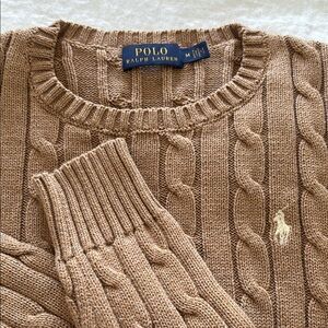 Vintage Ralph Lauren Polo cotton, cable knit sweater. Color is camel, cream logo